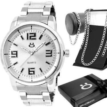 Imagem de Relogio aço inoxidavel prata + pulseira + cordao masculino qualidade p