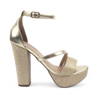 Imagem de Sandália Michele Meia Pata Salto Alto Grosso, Dourado, 37