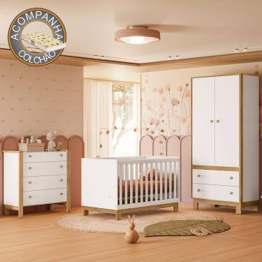 Imagem de Quarto de Bebê Completo com Berço Slim Cômoda e Roupeiro Flora Branco Qmovi + Colchão Gazin