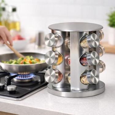 Imagem de Jogo Porta Temperos Spin Giratório Inox E Vidro Cozinha - Alumínios Po