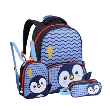 Imagem de Kit Mochila Costas Creche Infantil Zoop Lancheira E Estojo Cor:Pinguim