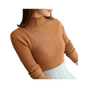 Imagem de Suéter Feminino Slim Fit De Gola Alta, Pullover Básico De Tricô Para O