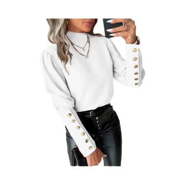 Imagem de Camisa Feminina De Manga Longa Em Cor Sólida Com Renda E Gola Redonda,