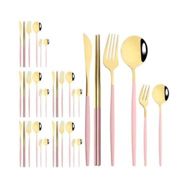 Imagem de Conjunto De Talheres De Aço Inoxidável Preto E Dourado 36 Peças: Faca,