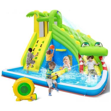 Imagem de Parque Aquático Inflável 5 em 1 com Toboágua, Pula-Pula de Crocodilo, Escalada, Piscina, Canhão d`Água, Basquete e Compressor de Ar,TOAOB