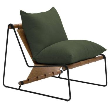 Imagem de Poltrona Decorativa Turim Base Aço Preto Recouro Camel Poliéster Verde Musgo - Nexta Casa