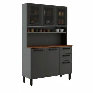 Imagem de Kit Armário Cozinha em aço Bertolini Estilo 6 portas 2 gavetas largura de 120 cm com vidro 714683153 Grafite