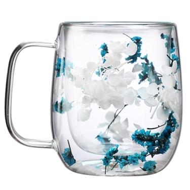 Imagem de Taolivingmart Caneca de café com isolamento de parede dupla de flores secas, xícara de chá de vidro borossilicato com flor real embutida, alça resistente ao calor para presentes de aniversário de