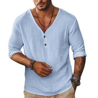 Imagem de Camisa Rela Bota masculina de linho de manga curta com decote em V com