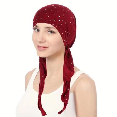 Imagem de Touca Turbante Feminina Elástica Com Strass De Cor Sólida, Gorro Casua