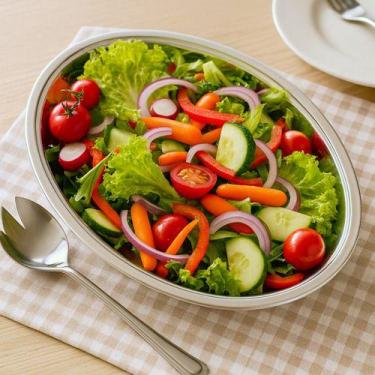Imagem de Kit Salada Inox Com Saladeira Travessa Oval 26x18cm + Colher Inox - Za