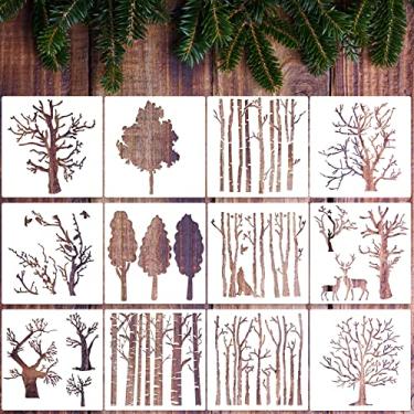 Imagem de PAGOW 12 peças de estêncil de árvores Aspen, estêncil reutilizável para desenho de PET, modelos de pintura de arte para pintura em madeira, Natal de inverno DIY para parede, chão, suprimentos de decoração (15 x 15 cm)