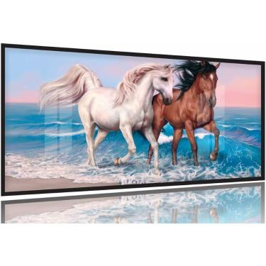 Imagem de Quadro decorativo Cavalos Branco e Marrom Arte130x60 Moldura Preta 2x2