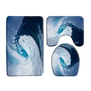 Imagem de Tapete de banho de água do mar oceano azul tapete de banheiro conjunto de 3 peças fundo do mar animal peixe flanela antiderrapante almofada em forma de u conjuntos de decoração de banho de banheiro, 33725J, 450MMx750MM