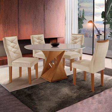 Imagem de Conjunto Sala de Jantar Mesa Tampo Redondo Plus Vidro 100cm com 4 Cadeiras Barcelona Yescasa Cinamomo/Off White/Suede Pena Yescasa