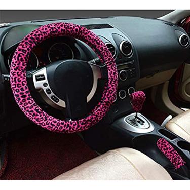Imagem de Mayco Bell Capa de volante macia 3 em 1 com estampa de leopardo para carro, travão de mão, manobra, manobra, 38 cm, curto, felpudo, quente, inverno, para todos os carros, vermelho (vermelho-claro)