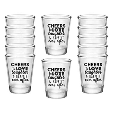 Imagem de Cheers to Love Laughter Happily Ever After copos de shot, conjunto de 12 copos transparentes de 49,5 g dupla face, lembrancinha de casamento perfeita, copos de shot de casamento, copos de shot de festa nupcial