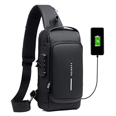 Imagem de Mochila masculina com cadeado à prova d'água anti-roubo bolsa com porta de carregamento USB bolsa de ombro mochila transversal