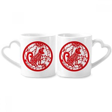 Imagem de Conjunto de canecas de porcelana para casais, animais de cachorro com corte de papel, com desenho de cachorro, com coração