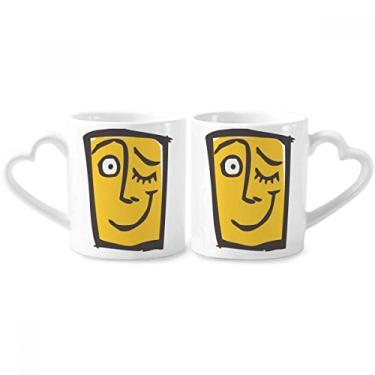 Imagem de Wink Conjunto de canecas de porcelana abstrata para casais felizes com desenho de rosto e coração