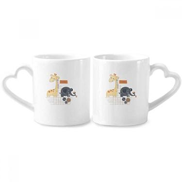 Imagem de Conjunto de canecas de porcelana de casal marrom de animal com desenho de elefante girafa coração