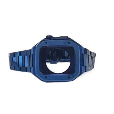 Imagem de MAALYA Pulseira de aço inoxidável para Apple Watch Band 44mm Metal Watch Case Modificação Nobre Pulseira de Metal com Capa para iWatch 45mm SE 7 6 (Cor: Azul, Tamanho: 44MM)