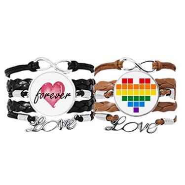 Imagem de DIYthinker Arco-íris Gay Lésbica Pequena Caixa Coração LGBT Pulseira Alça de Mão Corda de Couro Forever Love Pulseira Conjunto Duplo