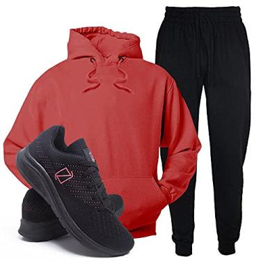 Imagem de Conjunto Blusa e Calça Moletom + Tenis Academia Casual Conforto - Vermelho/PretoRosa - P/36