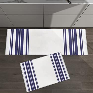 Imagem de Conjunto de 2 tapetes de cozinha listrados coloridos listras verticais azul-marinho branco para tapetes acolchoados no chão tapetes e tapetes antiderrapantes absorventes corredor confortável tapete de pé