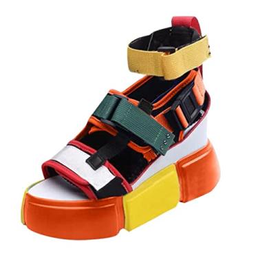 Imagem de Sandálias femininas de plataforma de tiras femininas bico aberto plataforma sapatos casuais salto anabela sandálias de tira no tornozelo colorblock (laranja, 35)