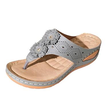 Imagem de Sandálias para mulheres sapatos femininos plataforma anabela sandálias casuais sapatos de praia sola macia leve tanga flor flip (cinza, 8)