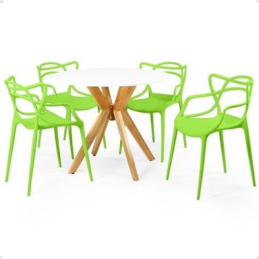 Imagem de Conjunto Mesa de Jantar Redonda Marci Branca 100cm com 4 Cadeiras Allegra - Verde
