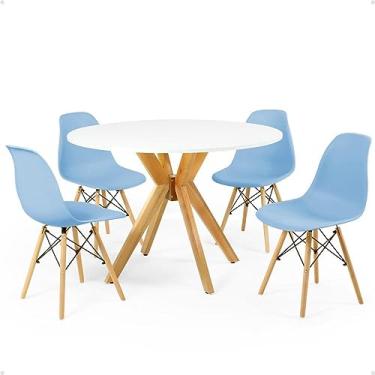 Imagem de Conjunto Mesa de Jantar Redonda Marci Branca 100cm com 4 Cadeiras Eames Eiffel - Azul Claro