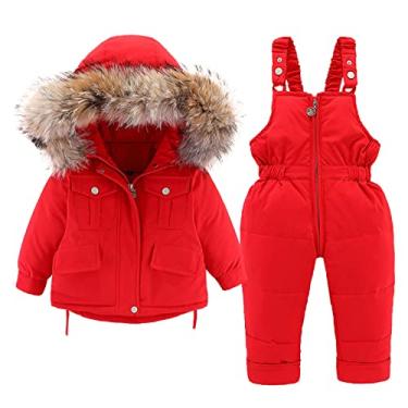 Imagem de Conjunto de macacão infantil para bebês e meninas meninos inverno grosso quente com capuz casaco paraks macacão calça infantil (vermelho, 12-18 meses)