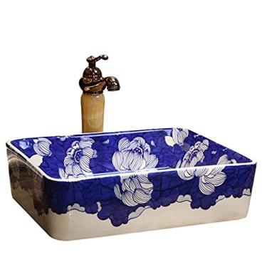 Imagem de Pia de lavatório de banheiro de cerâmica, banheiro acima do balcão lavatório de cerâmica quadrado lavatório de porcelana azul e branco chinês lavatório de banheiro pias de banheiro