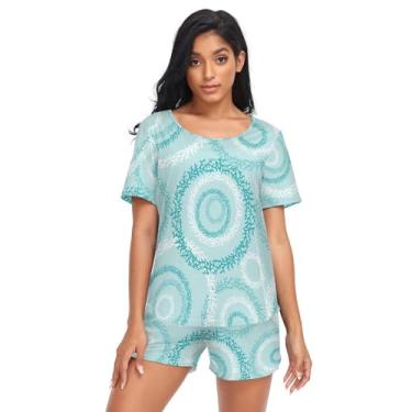 Imagem de Pijama feminino turquesa coral círculos noite pijama solto algodão 2 peças pijamas presentes de aniversário P, Círculos de coral turquesa, P