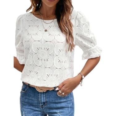 Imagem de Yueary Camiseta feminina de crochê de renda com gola redonda, lisa, lisa, manga curta, blusas casuais de chiffon, Branco, XG