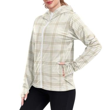Imagem de JUNZAN Camiseta feminina com capuz xadrez búfalo creme manga comprida FPS 50+ moletom com capuz, Tartã xadrez taupe, GG