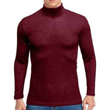 Imagem de Suéter masculino outono e inverno gola alta quente camisa masculina manga longa camiseta de malha, Vinho tinto, XX-Large