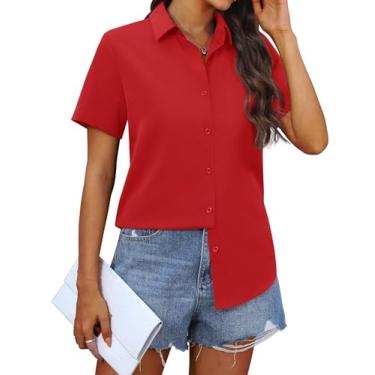 Imagem de siliteelon Camisas femininas de chiffon de botão de manga curta para mulheres, casuais, abotoadas, blusas, Vermelho, G