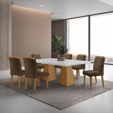 Imagem de Mesa Inovare 180 Tp Mdf Vidro/canto Reto com 6 Cadeiras Bugatti Marrom / Off White /Imbuia Ripado