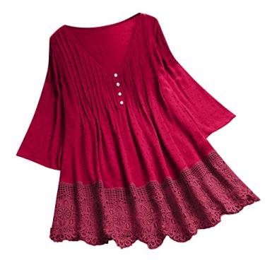 Imagem de Aniywn Blusa formal feminina elegante plus size vintage renda patchwork laço gola V bordado camisetas verão manga 3/4 tops, A7 - vermelho, M