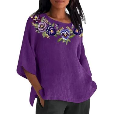 Imagem de Camisetas femininas de conscientização de Alzheimers com estampa floral roxa de linho e manga 3/4, túnica larga e gola redonda, Roxa, XXG