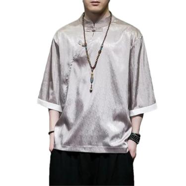 Imagem de Camisa masculina primavera/verão meia manga casual negócios moda urbana top estilo chinês algodão e linho camisa masculina, Camisetas masculinas cinza, 3G
