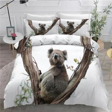 Imagem de Jogo de cama Koala King Wildlife Conjunto de 3 peças para decoração de quarto, capa de edredom de microfibra macia 264 x 232 cm e 2 fronhas, com fecho de zíper e laços