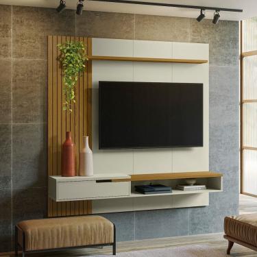 Imagem de Painel Decor Ripado P/Tvs Até 65 Polegadas C/ Nicho Suspenso 180cm Off White/Cedro - Olivar Móveis