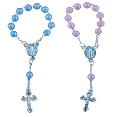 Imagem de 100 Mini Terços com Pérolas 5mm entremeios Prateados para Mimos e Lembrancinhas Batizado Casamento Nascimento Natal (Chá Revelação (Azul e Rosa))