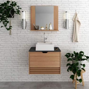 Imagem de Gabinete de Banheiro Suspenso com Pia e Espelheira Amêndoa Mármore Lunar