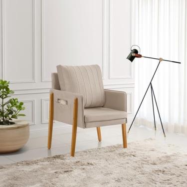 Imagem de Poltrona Milão Veludo Premium em Madeira Maciça Tratada com Bolsa Lateral para Objetos (1, Bege)