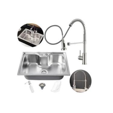 Imagem de Kit Cuba Cozinha Gourmet Aço Inox 60X42 E Torneira Flexível - Brinovar